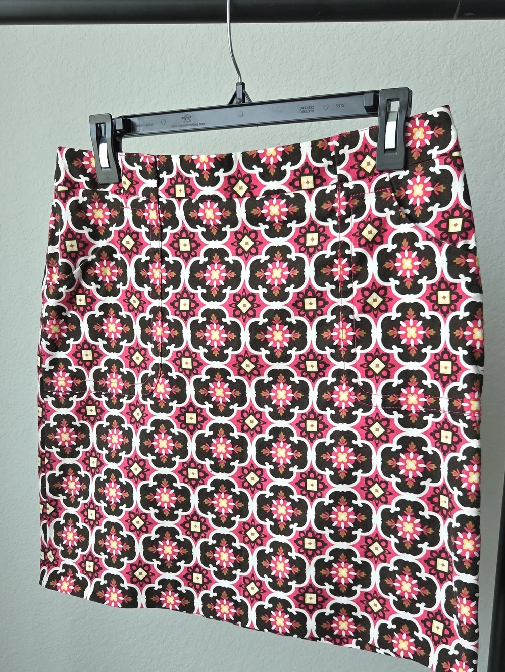 Harold's Pink Brown Geometric Floral Tile Mod Mini Skirt Sz 8 Retro mad men